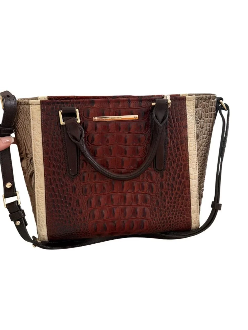 Brahmin Womens Arno Pecan Azuma Multi-toned Handbag Medium Croc-embossed Leather